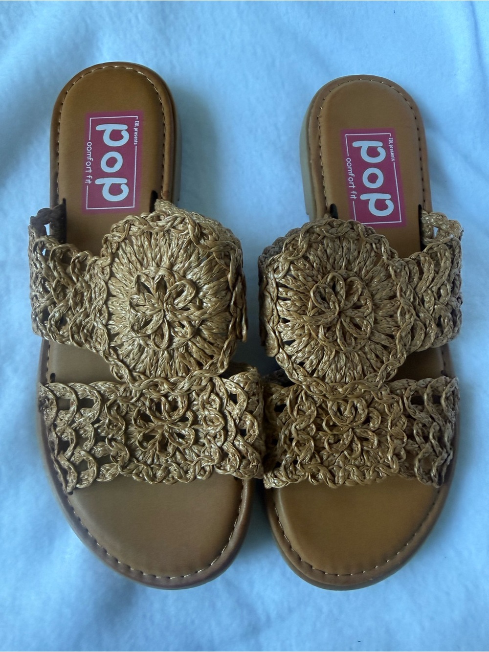 pop Woven Crochet Double-Strap Slide Sandals in Tan